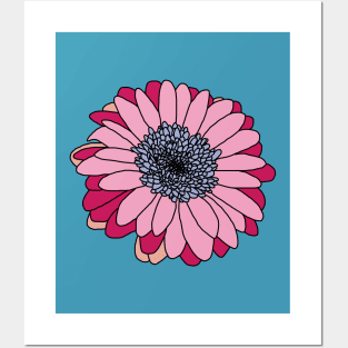 Pink and Blue and Black Flower Drawing Posters and Art